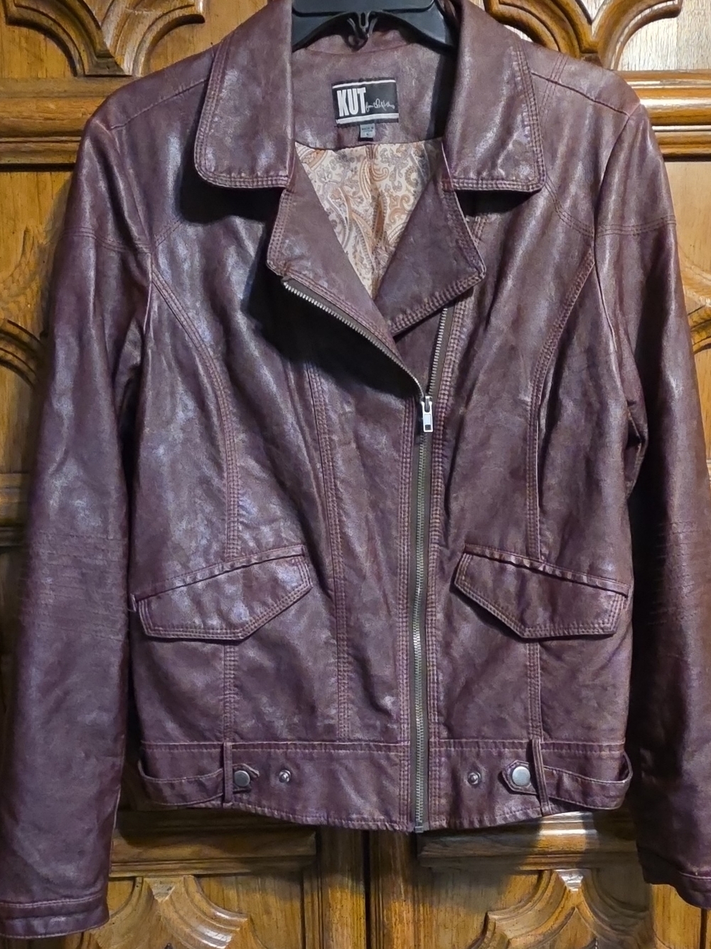 Kut from the Kloth Womens Deep Burgundy Faux Leather Moto Jacket